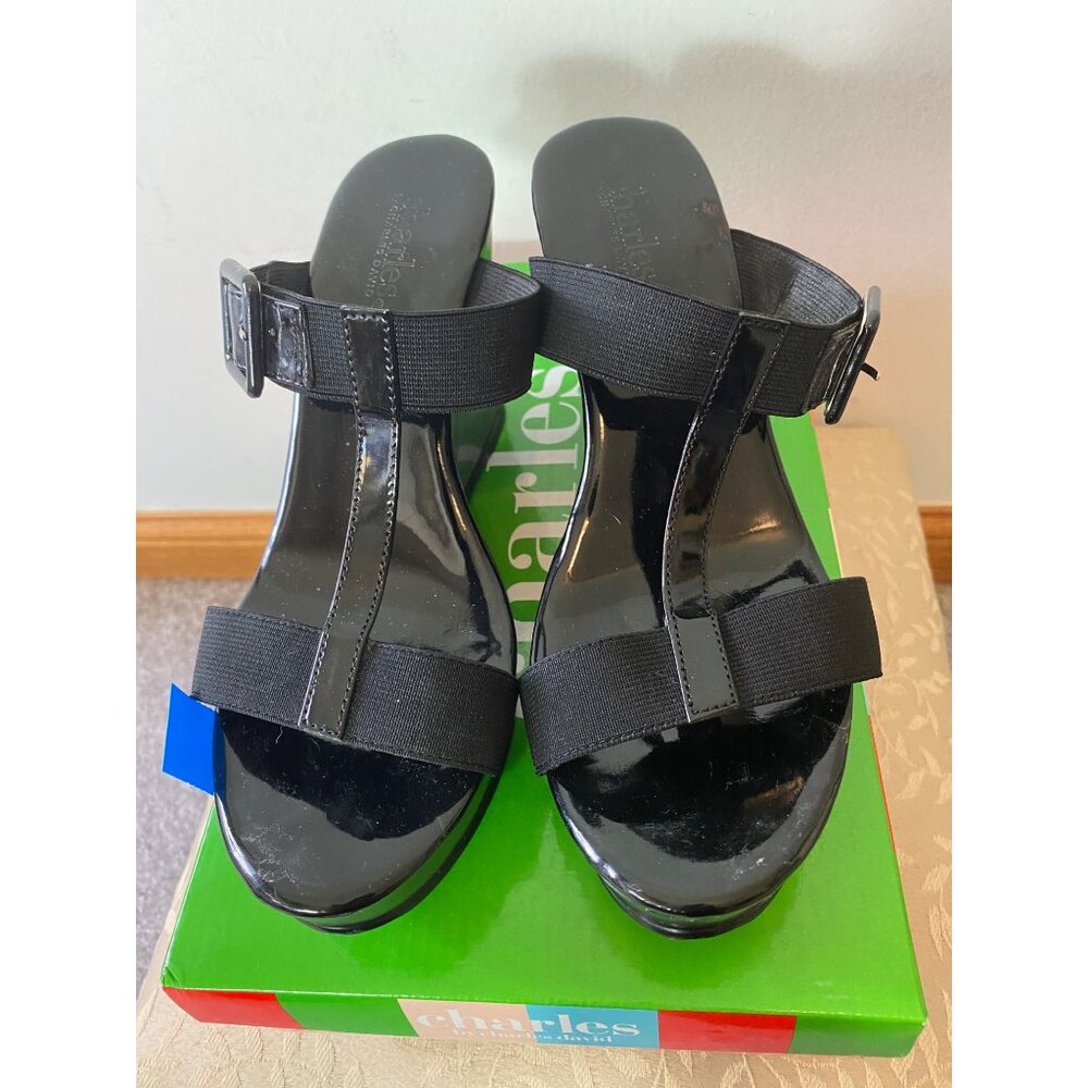 Charles David Black Patent Wedge Heels Adjustable Straps Buckles Shoes Size 7.5 - Picture 3 of 9